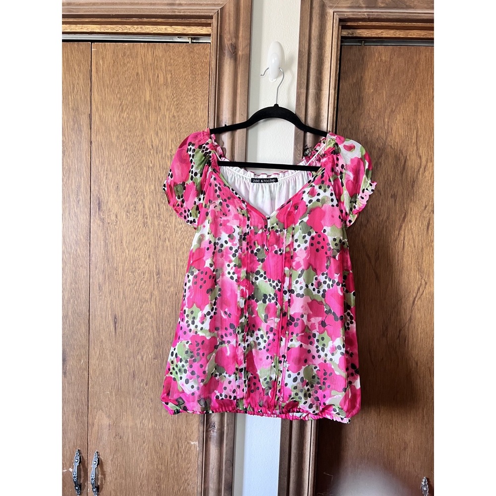 WOMAN'S ZAC & RACHEL-Pink Floral Elastic Waist Cap Sleeve Blouse Size L